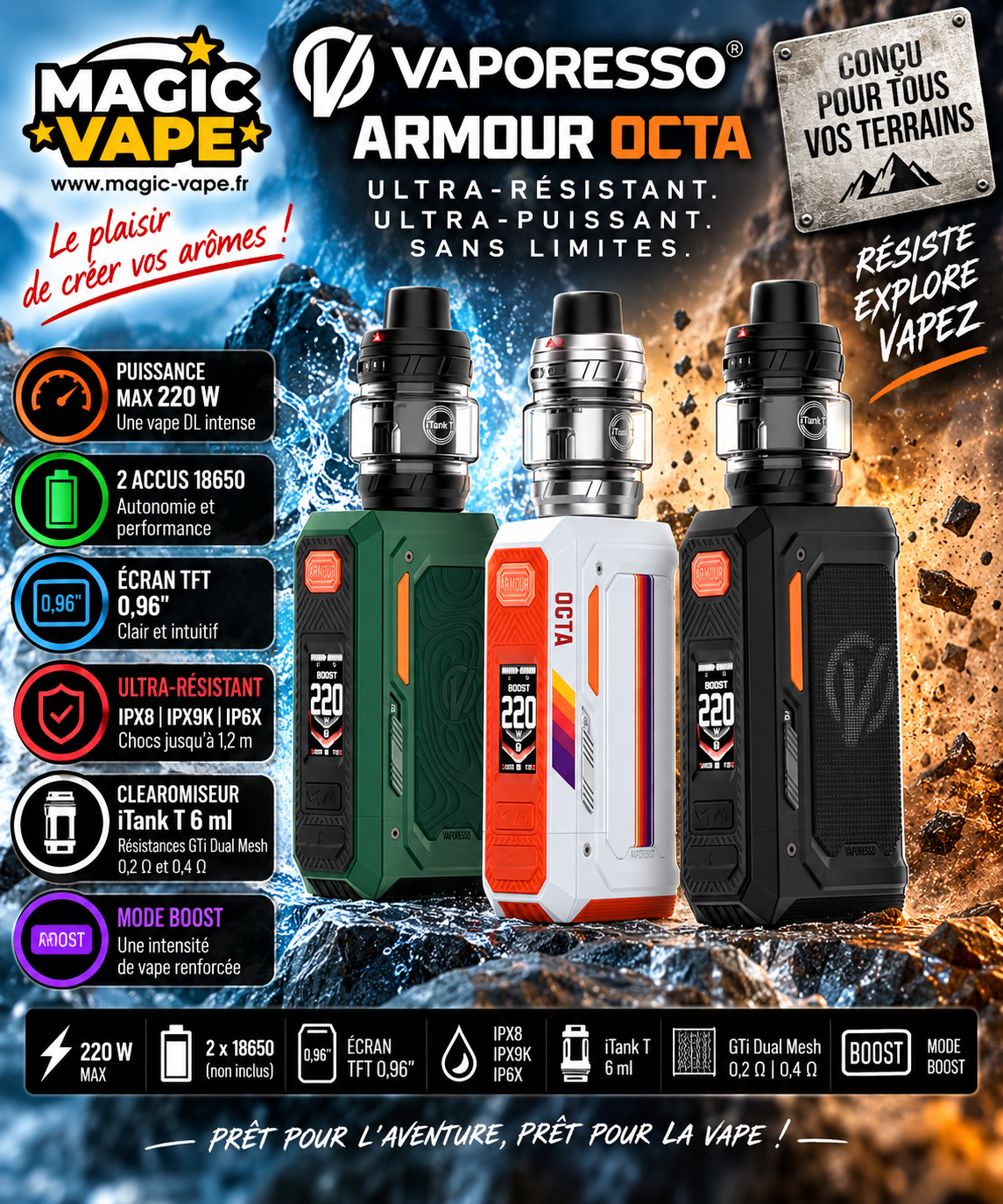 Kit Armour Octa Vaporesso – 220W, iTank T 6ml & Dual 18650