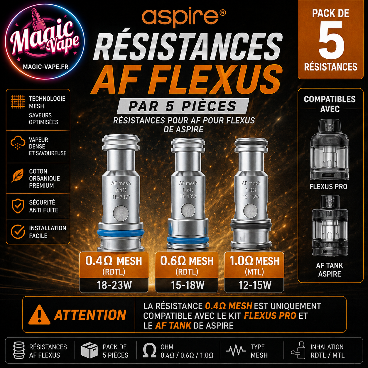 Résistances AF Flexus 0.4Ω / 0.6Ω / 1.0Ω par 5 – Aspire