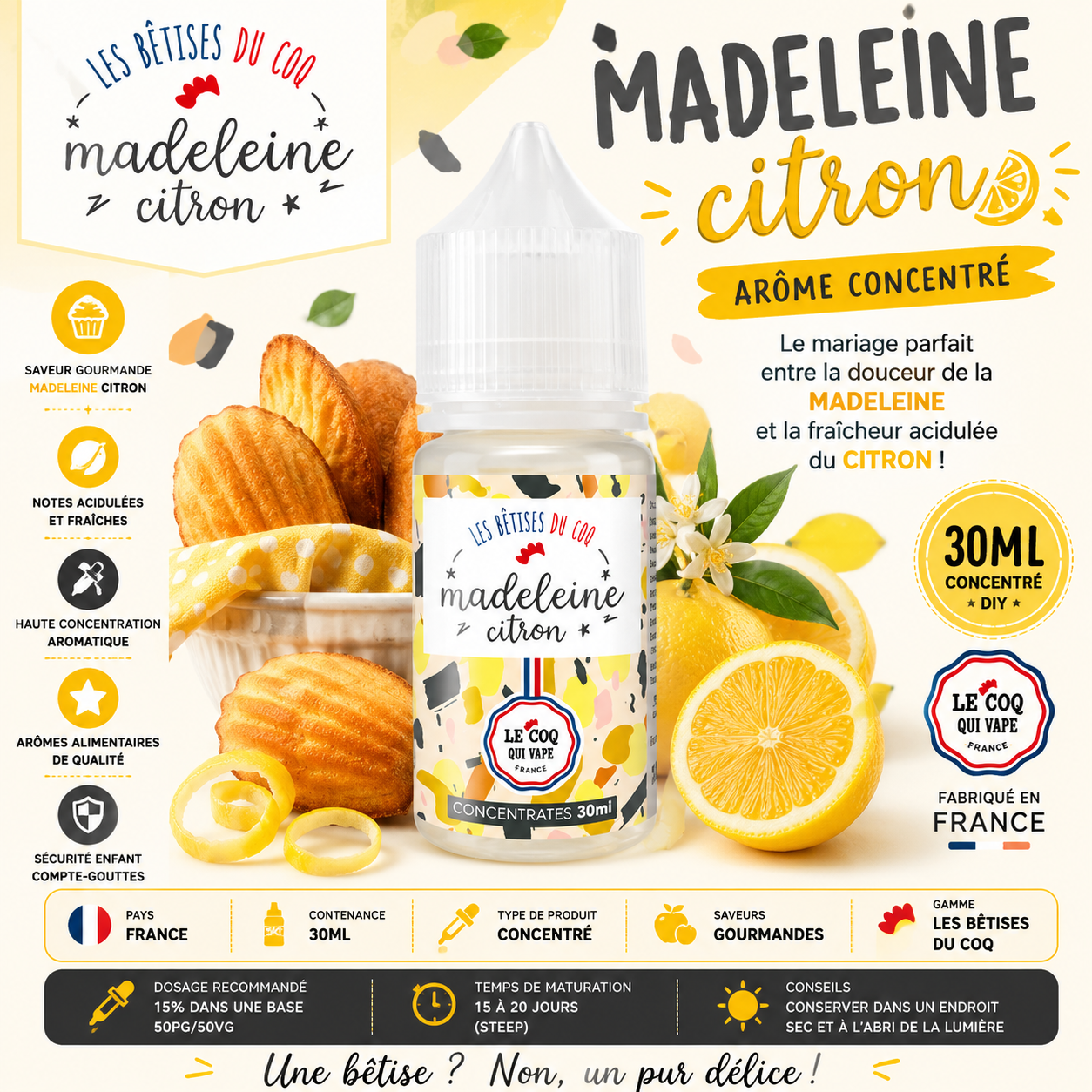 Concentré Madeleine Citron 30ml Les Bêtises du Coq – Le Coq Qui Vape