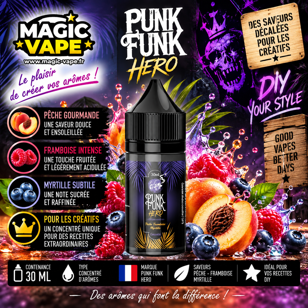 Concentré Pêche Framboise Myrtille 30ml – Punk Funk Hero