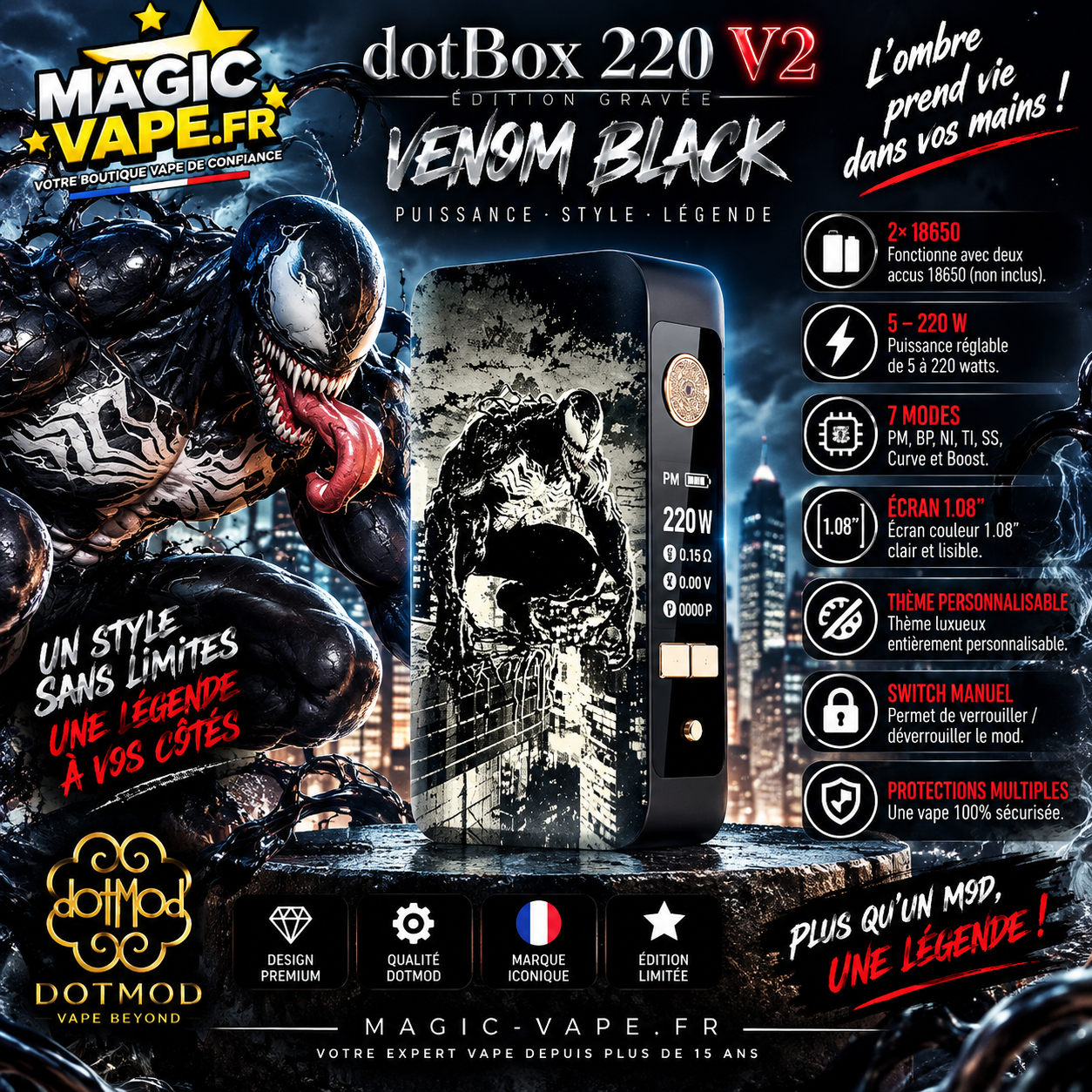 Mod dotBox 220 V2 220W 2x18650 Gravé Venom Black – Dotmod