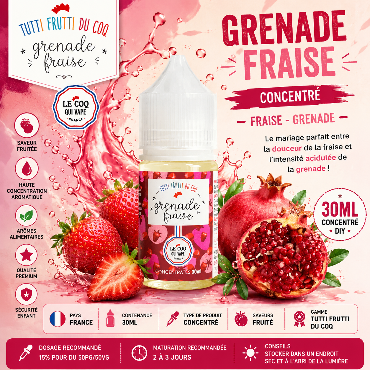 Concentré Grenade Fraise 30ml – Le Coq Qui Vape