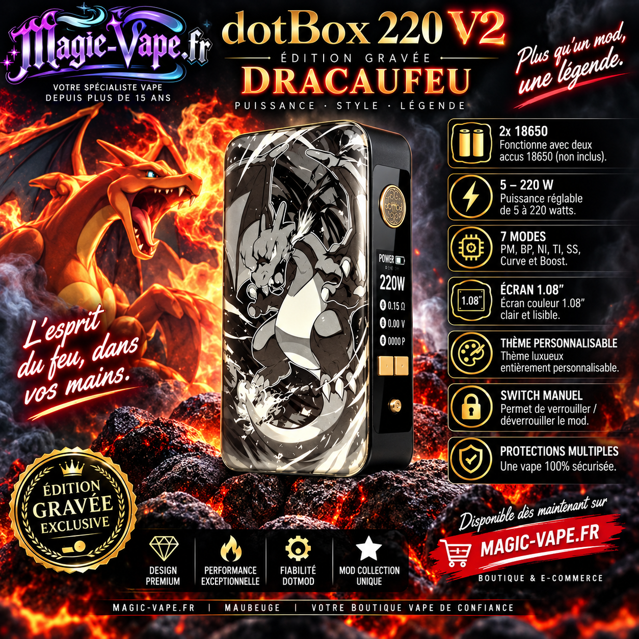 Mod dotBox 220 V2 220W 2x18650 Gravé Dracaufeu – Dotmod
