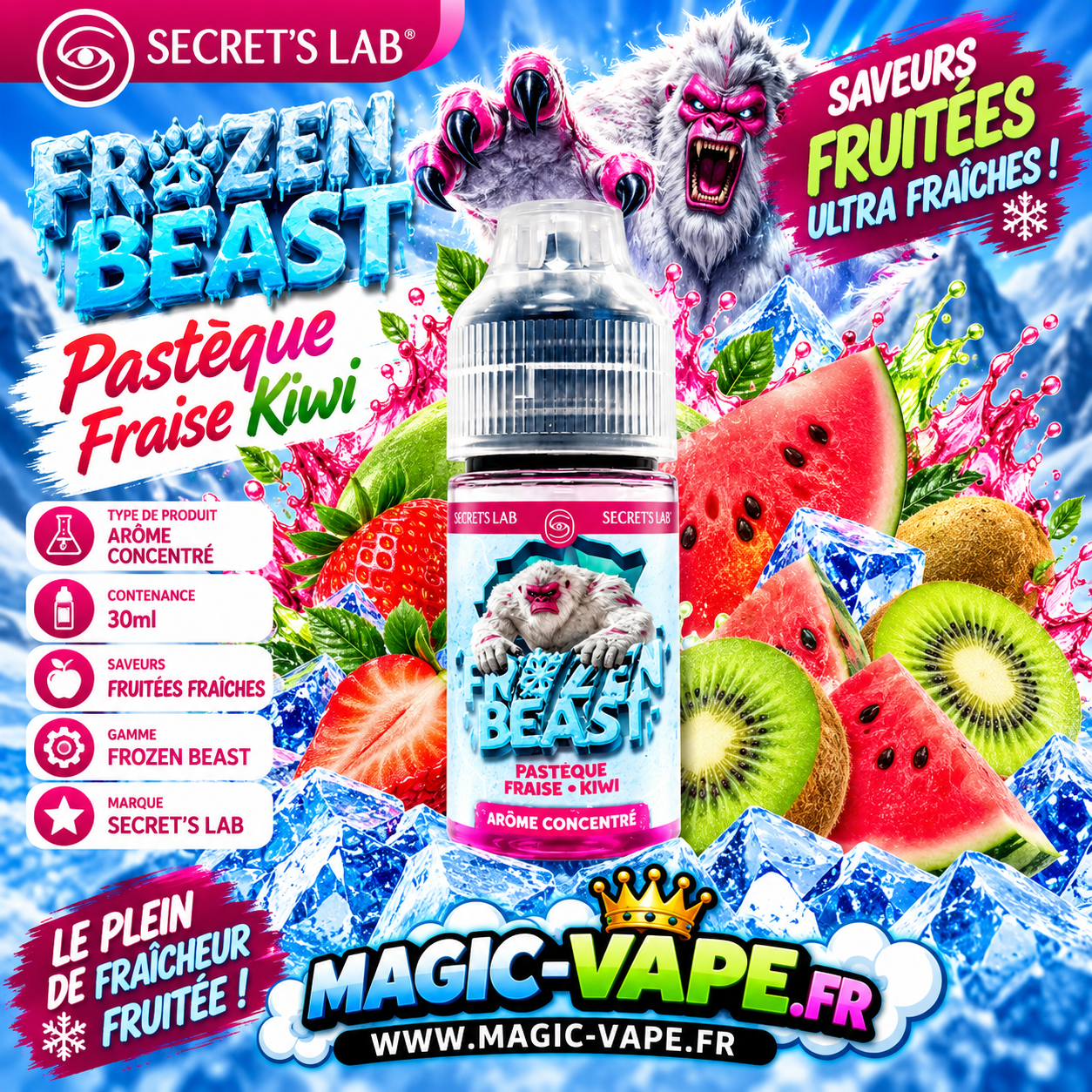 Concentré Pastèque Fraise Kiwi 30ml Frozen Beast - SECRET'S LAB