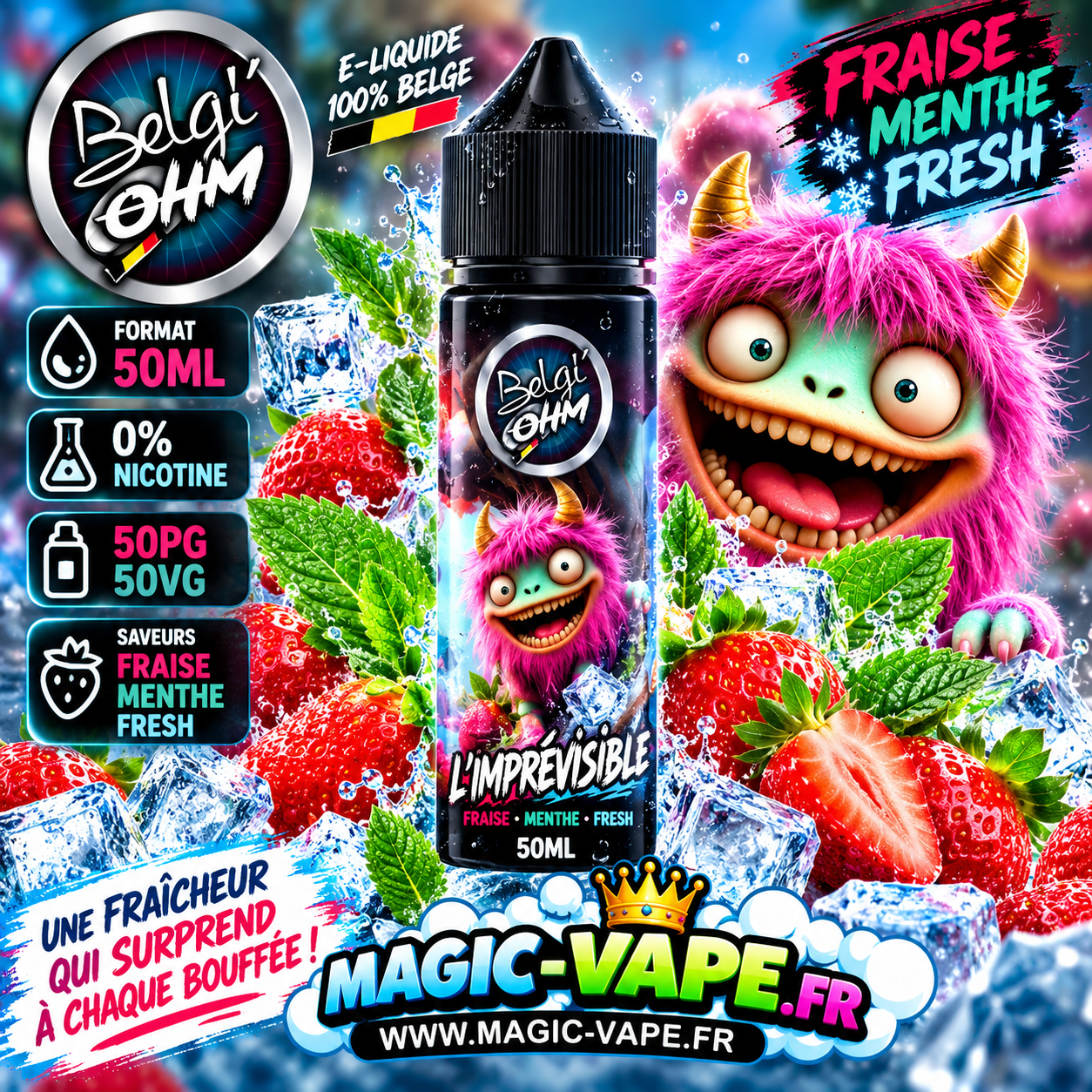 L'Imprévisible Belgi'Ohm 50ml – E-liquide Fraise Menthe