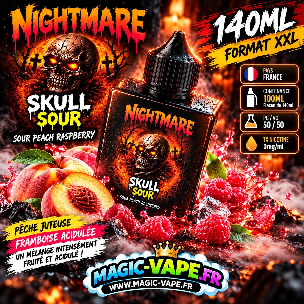 skull sour 100ml nightmare e-liquide pêche framboise acidulée flacon 140ml