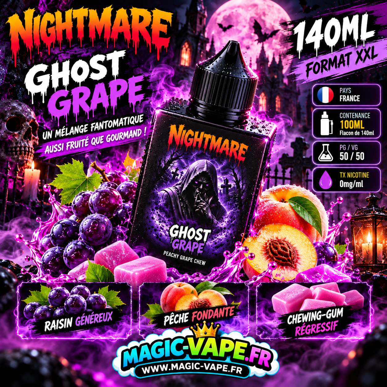 ghost grape 100ml nightmare e-liquide raisin pêche chewing-gum flacon 140ml