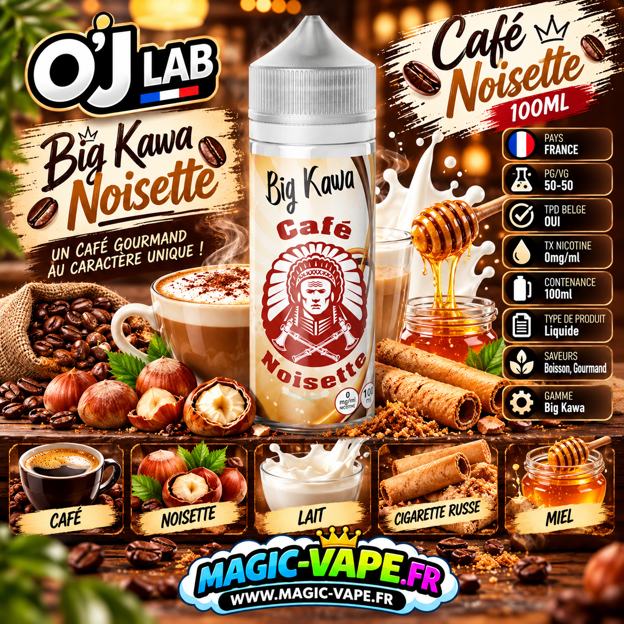 big kawa noisette 100ml oj lab e-liquide café noisette lait cigarette russe miel