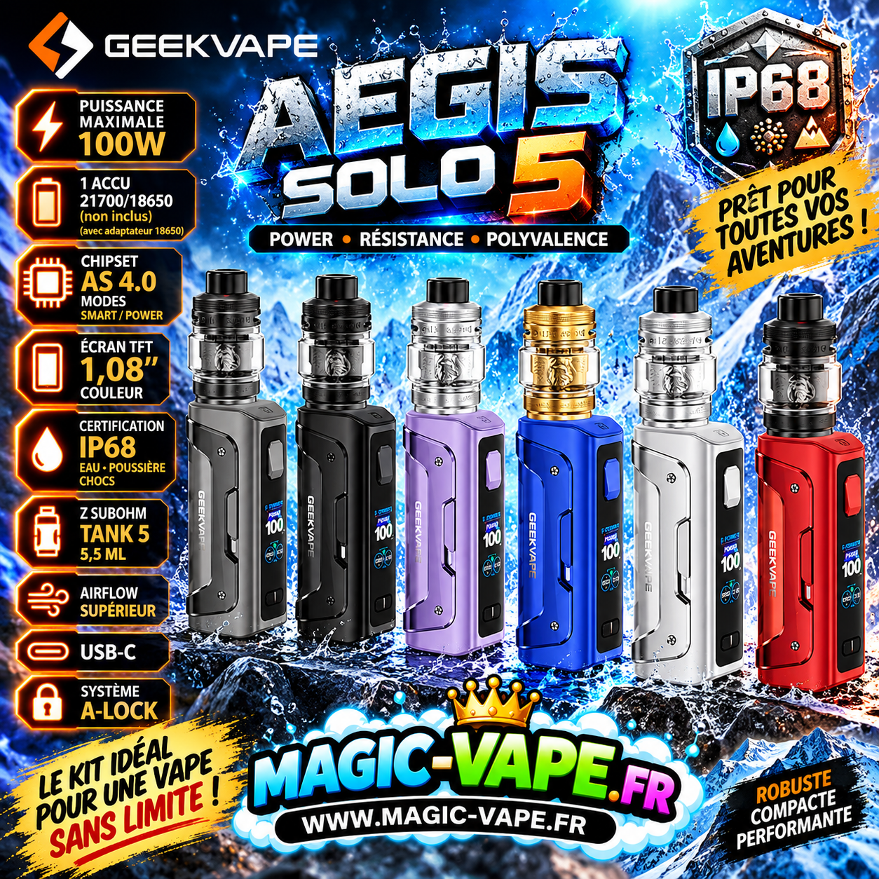 Kit Aegis Solo 5 Geekvape 100W avec clearomiseur Z Subohm Tank 5