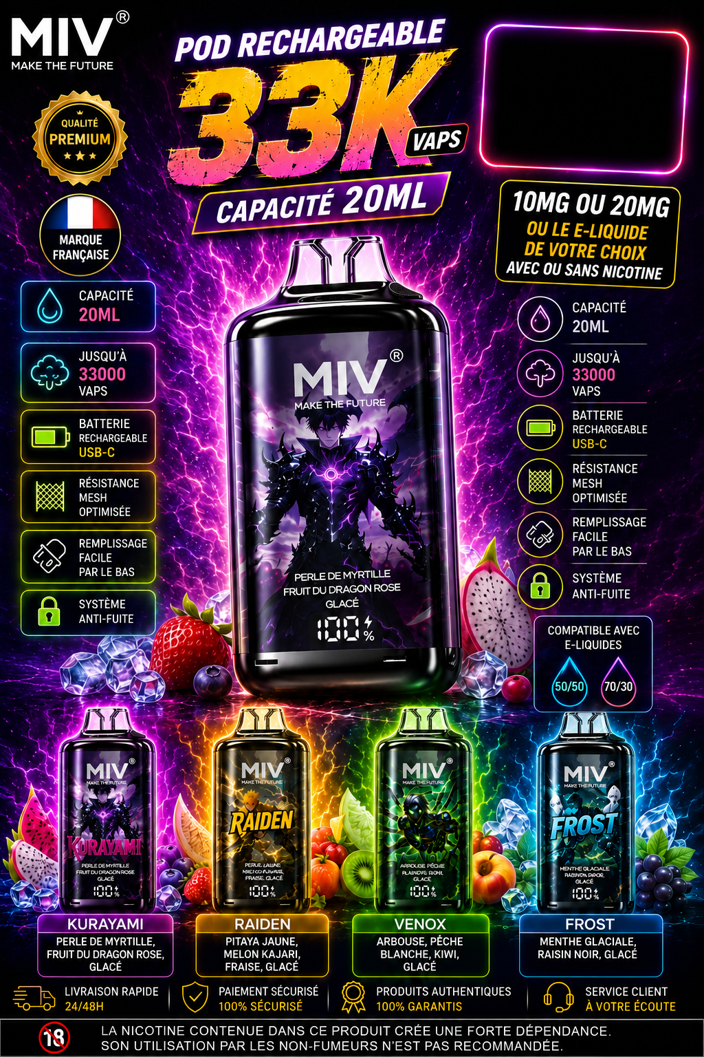 MIV Pod Rechargeable 33000 Puffs Précommande