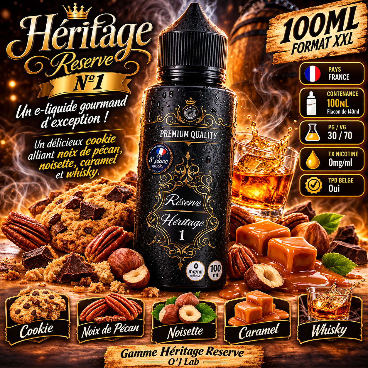 Héritage N°1 Réserve 100ml – O'J Lab 2 heritage n1 reserve 100ml oj lab e-liquide cookie noix de pécan noisette caramel whisky