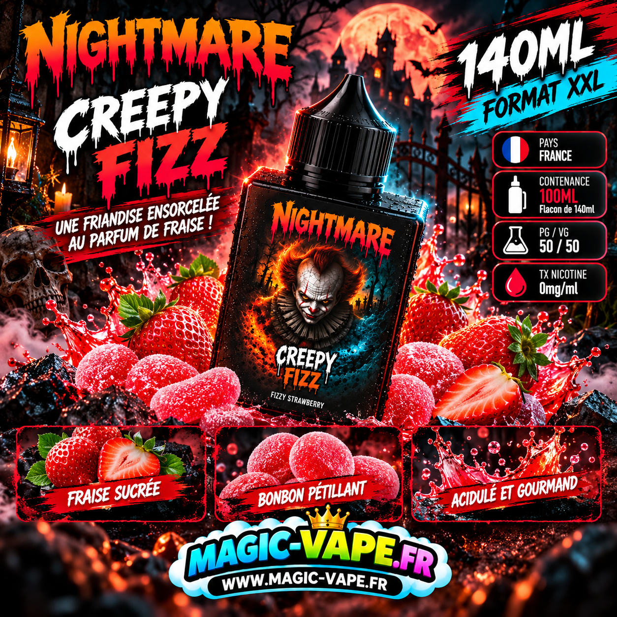 creepy fizz 100ml nightmare e-liquide fraise bonbon pétillant acidulé flacon 140ml