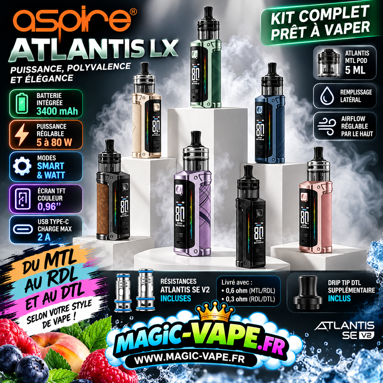 Kit Atlantis LX – Aspire 2 Kit Atlantis LX Aspire – cigarette électronique Pod Mod 80W batterie 3400mAh pod 5ml
