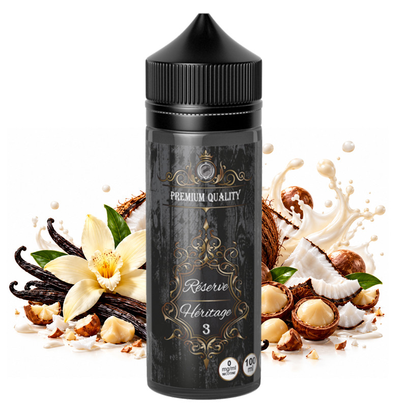 Héritage N°3, Héritage Réserve, O'J Lab, Héritage N°3 Réserve 100ml, E-liquide vanille, E-liquide noix de coco, E-liquide macadamia, Noix de macadamia, Macadamia torréfiée, Vanille onctueuse, Noix de coco exotique, E-liquide gourmand, E-liquide crémeux, E-liquide 100ml, E-liquide français, E-liquide 30/70, E-liquide 0mg